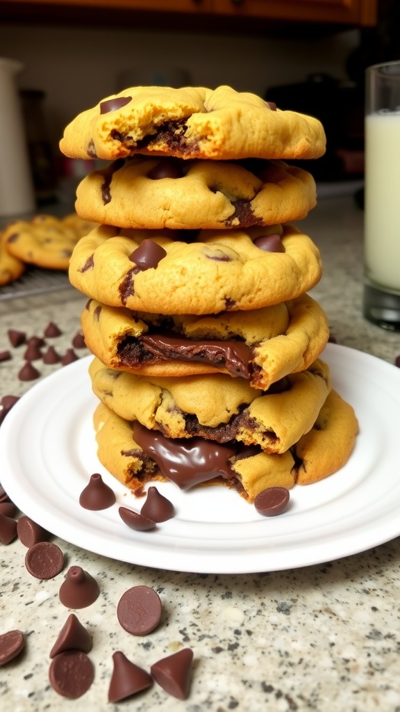 A delicious stack of warm chocolate chip cookies with melted Nutella centers on a plate, accompanied by a glass of milk.